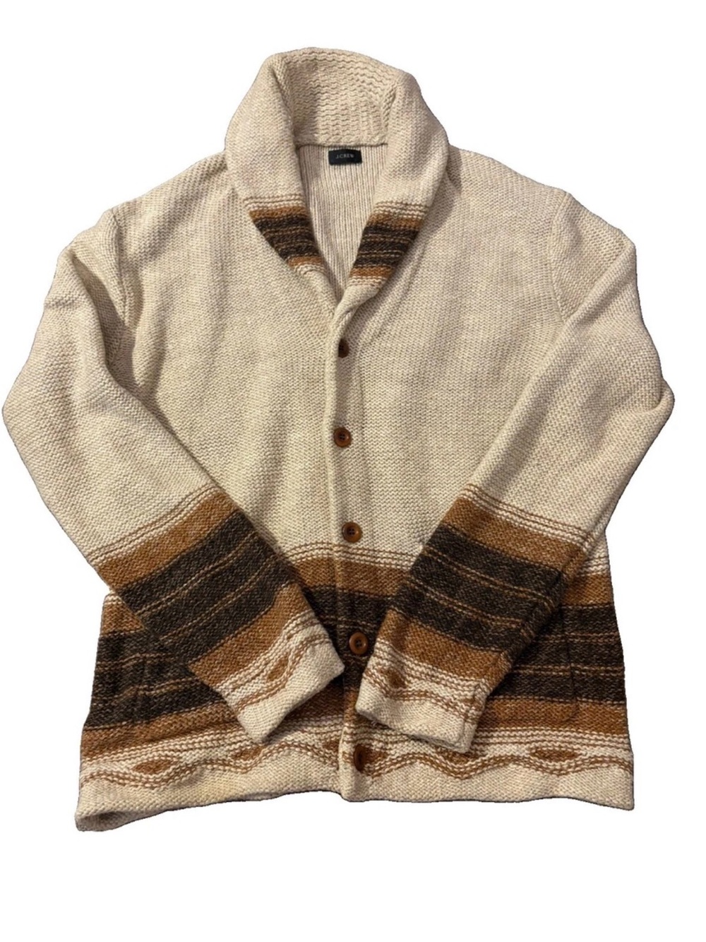 J. Crew Cream Shawl Collar Cardigan with Brown Stripe Accents Cotton Wool Blend